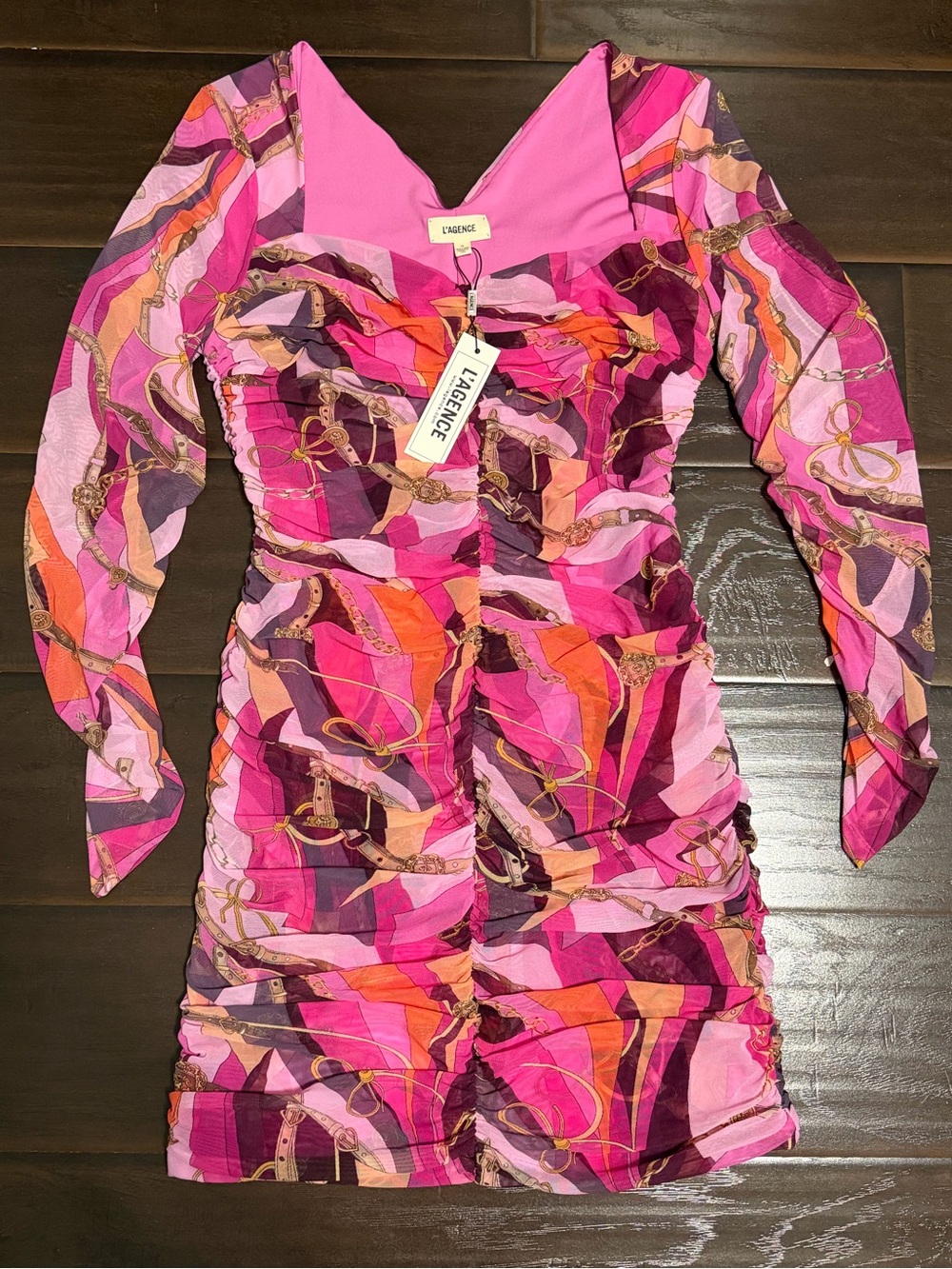 L'AGENCE Fuchsia-Pink Ruched Long-Sleeve Mini Dress